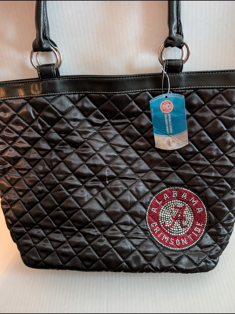 Quilted Black Tote with Rhinestone University Emblem
